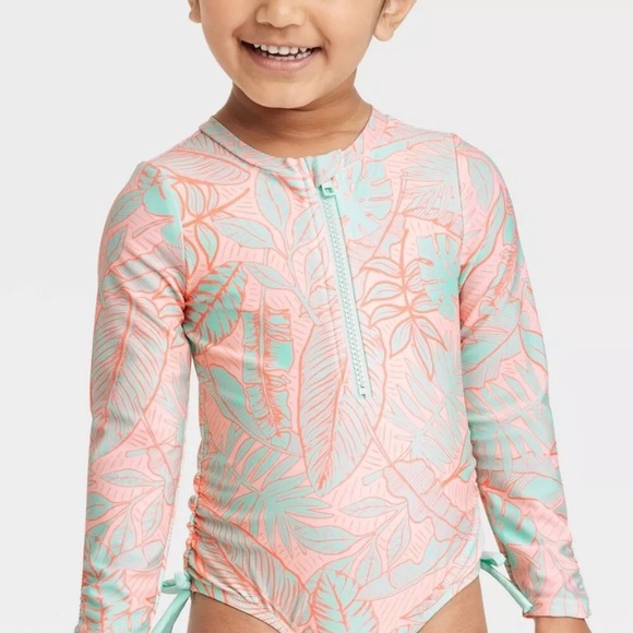 NWOT Cat & Jack toddler one piece swim palm print pink green 2T - Picture 2 of 8